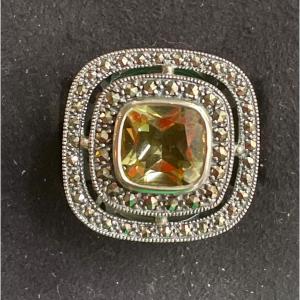 Silver Ring Set With Marcasite And A Citrine (lemon Quartz)