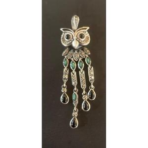 Silver Onyx Marcasite Enamel Pendant