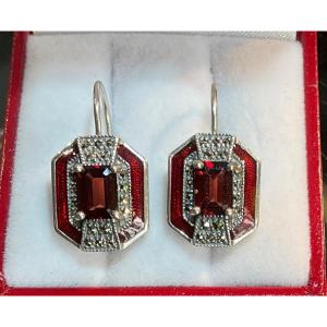 Pair Of Silver Earrings Garnets Marcasite Enamel