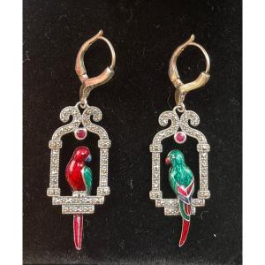 Silver Earrings Parrots Enemal Rubis