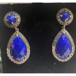 Silver Lapis Lazuli Marcasite And Zirconium Earrings