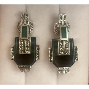 Silver Onyx Marcasite Earrings 