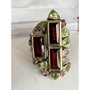 Blackened Silver Ring Grenada Peridots Tourmalines