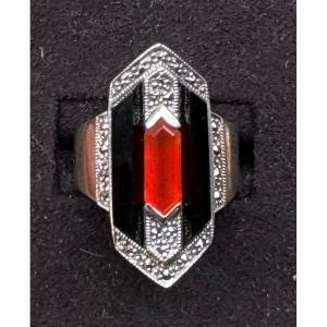 Art Deco Silver Ring With Carnelian  And Onyx