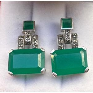 Silver Earrings With Green Agates And Marcasites