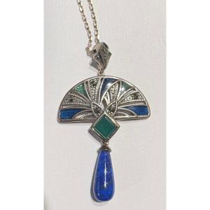 Pendant “art Déco Style “ With Lapis Lazuli Enamel
