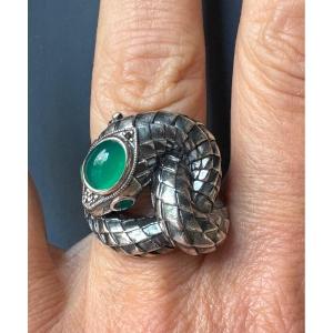 Silver Snake Ring With Green Agates