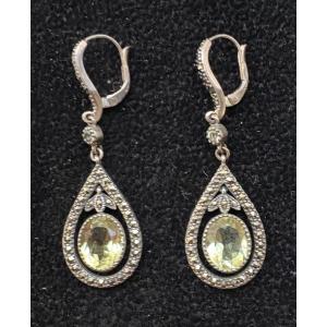 Silver Earrings With Lemon Quartz And Marcasite