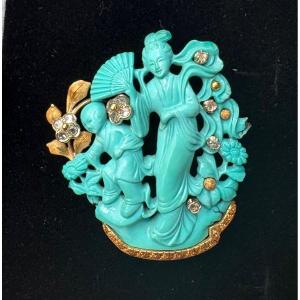 Carved Turquoise Brooch
