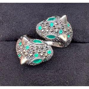 Silver Panther Ring With Marcasites And Green Agates 