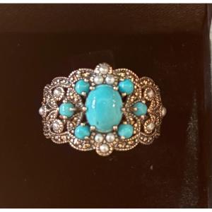 Turquoise Silver Ring With Marcasite Cultured Pearls