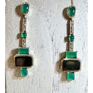 Silver Earrings, Green Agate, Marcasite