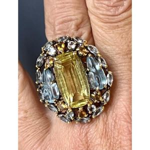 Silver Ring , Quartz Lemon, Citrines And Blue Topaz 