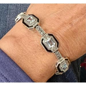 Silver "art Deco" Bracelet With Blue Enamel Topaz And Marcasite 