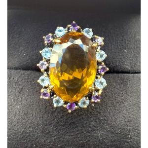 Black Silver Ring Citrine Améthyste And Blue Topazes 