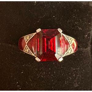 Silver Ring With Garnet And Marcasite Enamel