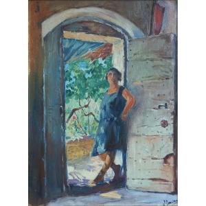 Woman In Front Of An Old Door 1929, Joseph Milon, Provençal School.