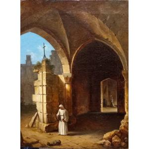 Oil On Canvas From The Romantic School Circa 1830 Depicting A Monastery With Monks.
