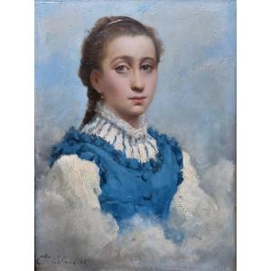 Portrait Of A Young Girl In A Blue Waistcoat 1877. Célestin Joseph Blanc.