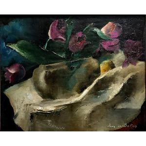 Pot Of Purple Tulips In  A  Drape. Jean De Botton. Circa 1930..