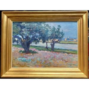 Village And Olive Trees On The Banks Of The River. édouard Ducros. 1918.