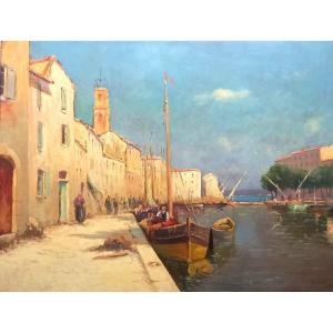  French School. Busy Port Of Martigues Around 1920.