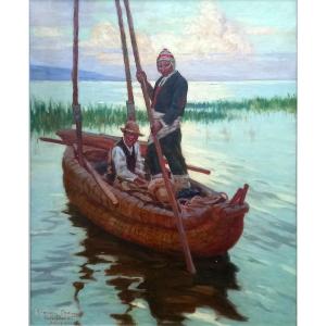Henry Sené, Copacabana. Bolivia 1928. Figures On A Reed Canoe On Lake Titicaca.