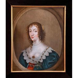 School Of Van Dyck - 17th Century Oil Portrait On Panel Of Queen Henrietta Maria 
