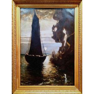 Large Painting Of A Sailboat In The Moonlight