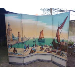 Large Painted Screen Harbour Scene