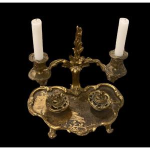 Inkwell/ Candle Holder In Gilt Bronze 19th