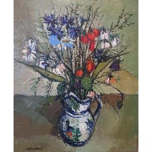 Ardissone Yolande, Still Life Bouquet Of Flowers Quimper Earthenware, Oil On Canvas