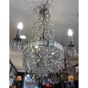 Basket Chandelier In Brass And Pampilles With Three Arms Of Light, Circa 1900