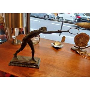 Istvan Szentgyörgyi, Bronze Nude Sculpture Of A Woman With A Racket, 20th Century