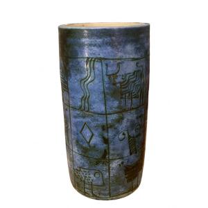 Jacques Blin, Vase Rouleau In Blue Glazed Ceramic, 20th Century 