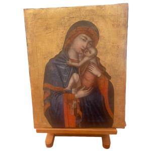 Icon On Canvas, Virgin Mary With Child Jesus, 18th Century