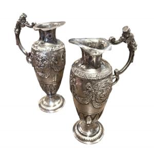 Pair Of Small Cruets In Sterling Silver, Late 19th Century