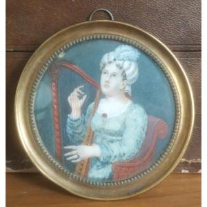 Miniature, Portrait “lady With The Harp”, Early 19th Century.