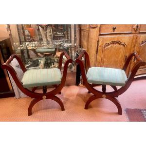 Pair Of Curule Seats, Empire Style, 19th Century 