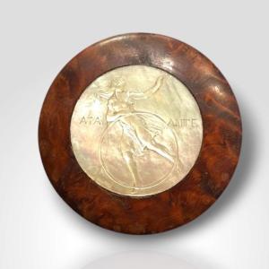 Round Wooden And Mother-of-pearl Box, Atalante, Late 19th Century