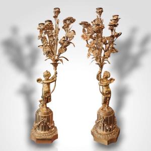 Pair Of Napoleon III Gilt Bronze Candelabra, 19th Century
