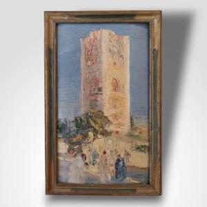 Oil On Orientalist Panel, View Of The Hassan Tower 20th Century