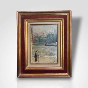 Gabriel Dauchot, Couple On The Banks Of A River, Oil On Canvas, 20th Century