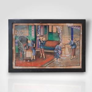 Watercolor Onrice Paper Depicting Tea Drying, China, 19th Century