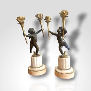 Pair Of Bronze And Marble Candelabra, 19th Century