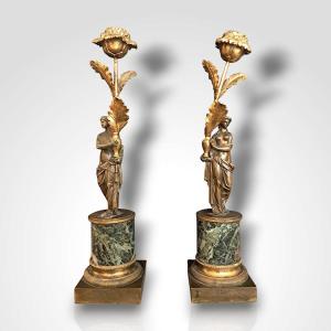 Pair Of Bronze Candlesticks Known As “aux Romains”, Early 19th Century
