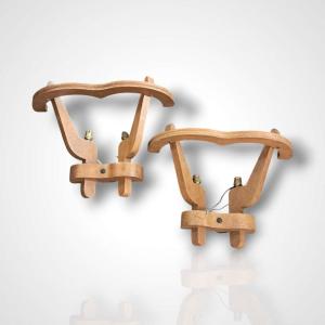 Pair Of Oak Wall Lights, Guillerme And Chambron, 20th Century