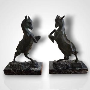 Maurice Prost (1894-1967), Bronze Rearing Goat Bookends, 20th Century
