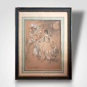 Louis Icart, Drawing Representing Two Young Elegant Women, Early 20th Century