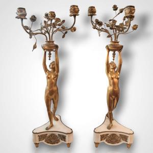 Pair Of Bronze And Marble Candelabra, 19th Century